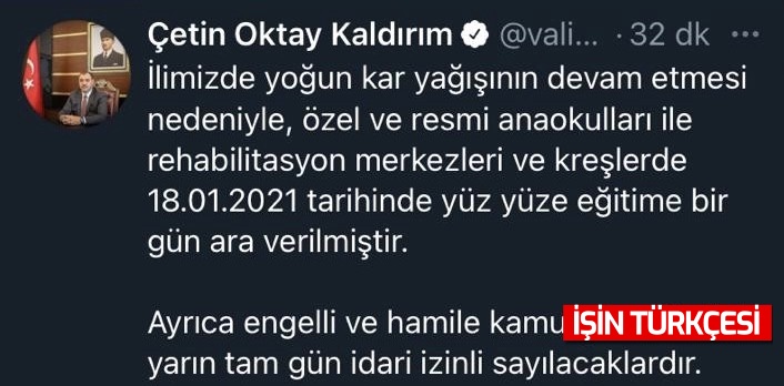 Vali Kaldırım duyurdu, yüz yüze eğitime bir gün ara