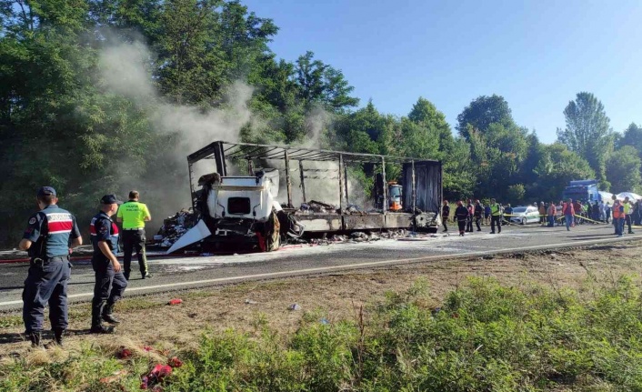 Anadolu Otoyolu’nda feci kaza: Sürücü, yanan tırın içerisinde yaşamını yitirdi