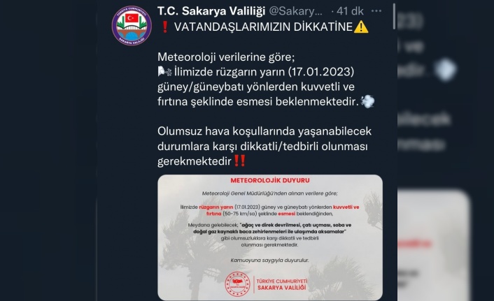 Valilik kuvvetli fırtına için uyardı