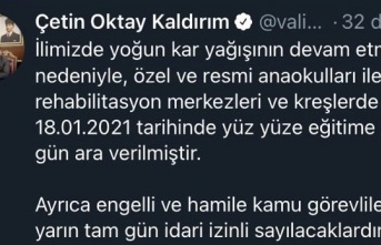 Vali Kaldırım duyurdu, yüz yüze eğitime bir gün ara