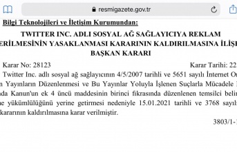 Twitter’a uygulanan reklam yasağı bugün Resmi Gazete’de yayımlanan kararla kaldırıldı